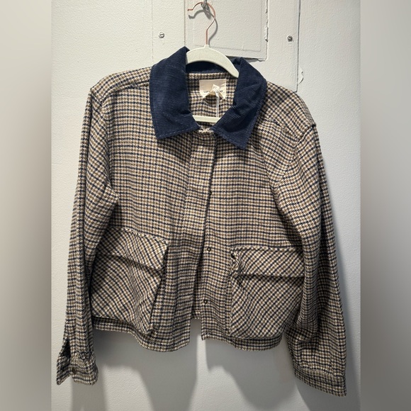 Lucky Brand Blue and Tan Houndstooth Jacket size L (Navy corduroy collar) - Picture 1 of 3